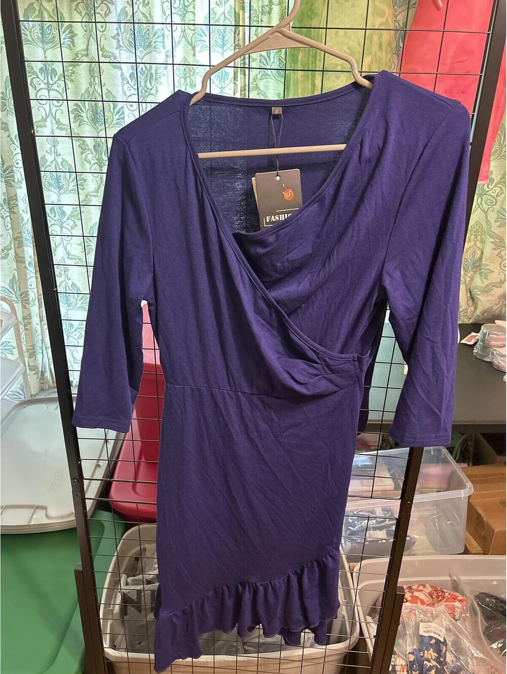 Blue Long Sleeve Wrap Dress with Ruffle Hem